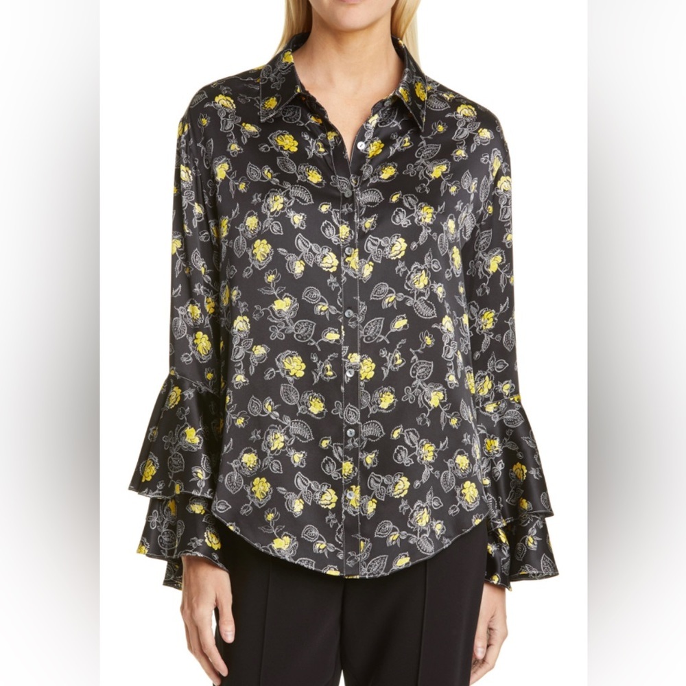 cinq a sept Black Floral Button-Front Blouse with Yellow Accents